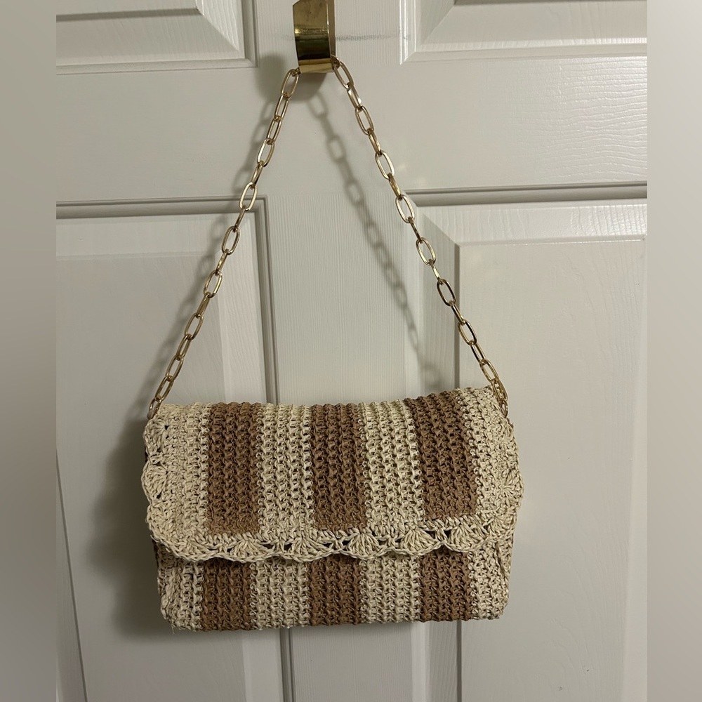 Shiraleah Sandy Paper Straw Shoulder Bag Clutch Gold Chain Strap New Boho